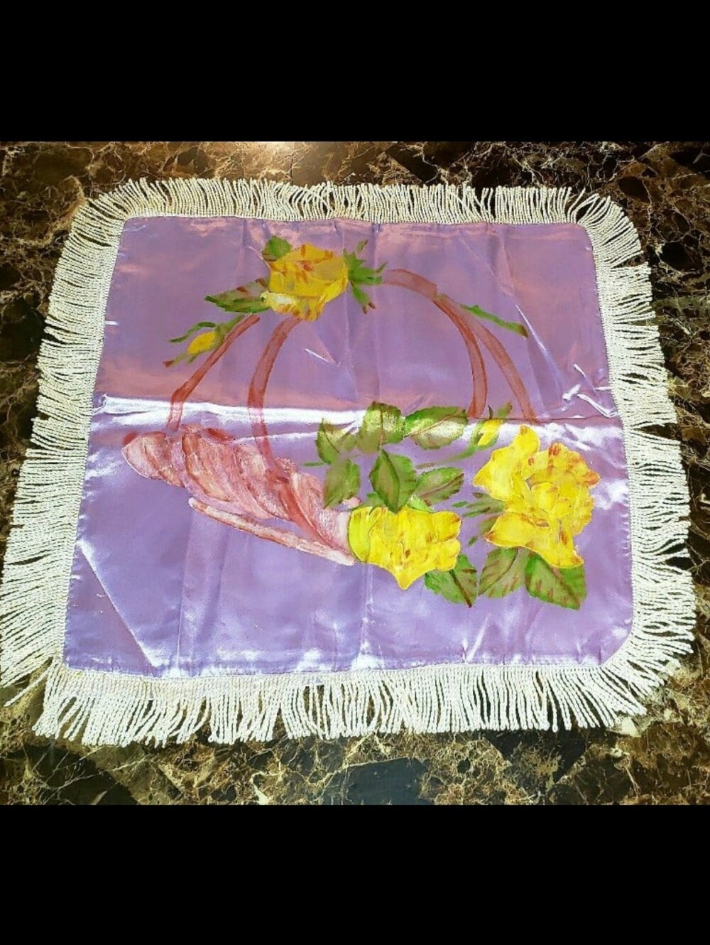 Vintage Silk Fringed Pillow Cover Lilac Background With Yellow Rose Design